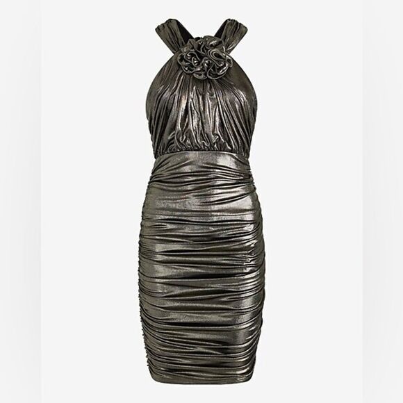 EXPRESS Metallic Rosette Halter Ruched Mini Sheath Dress y3k - Picture 8 of 16